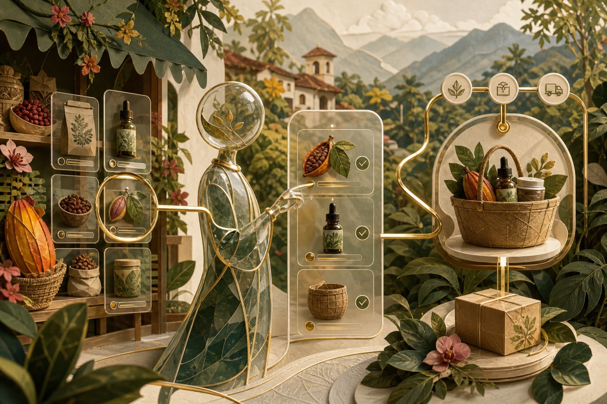An intelligent glass guide helps select products and build a shopping basket in a botanical market