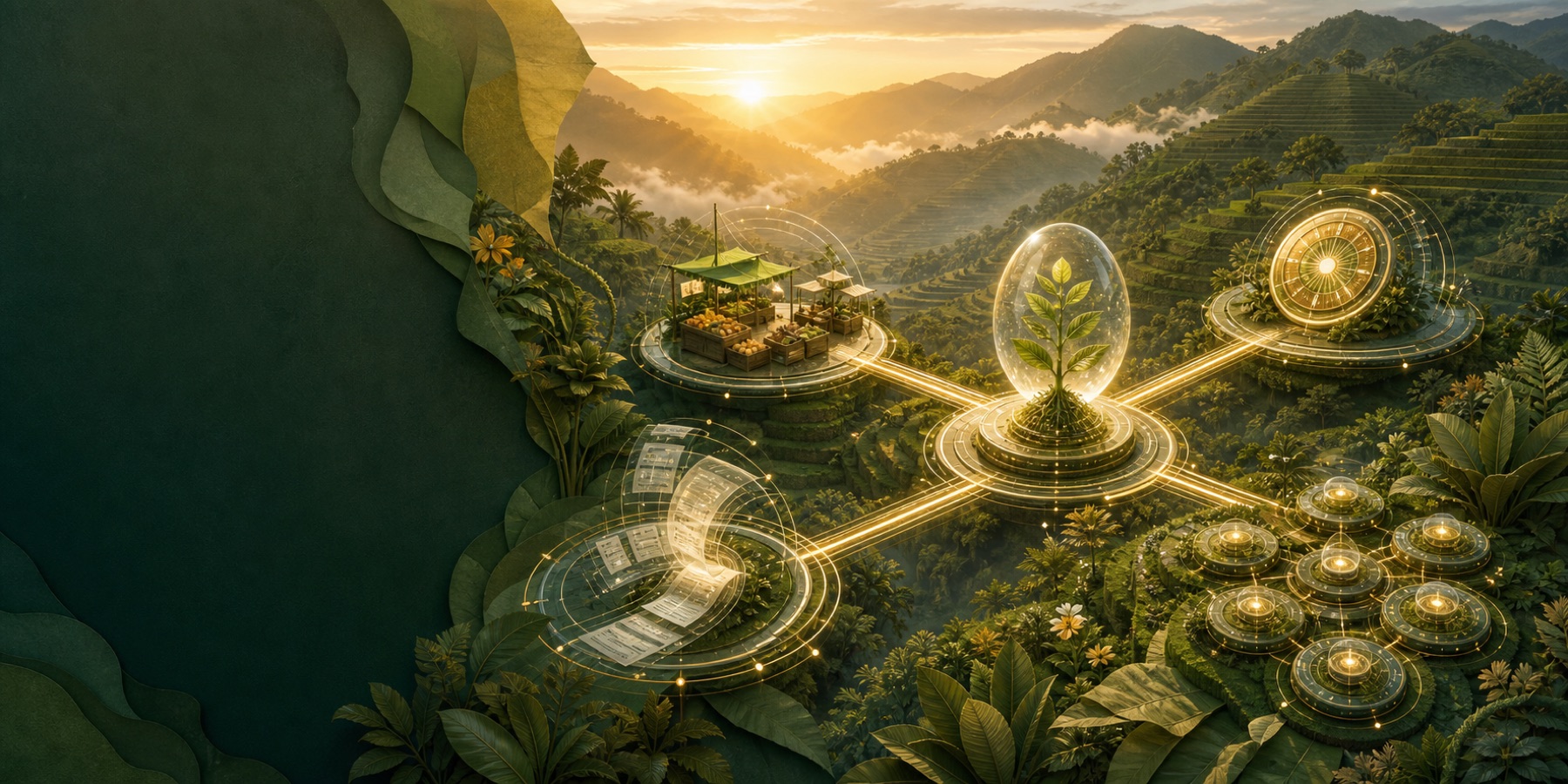 A living network of AI and automation systems connected across green Colombian Andean terraces