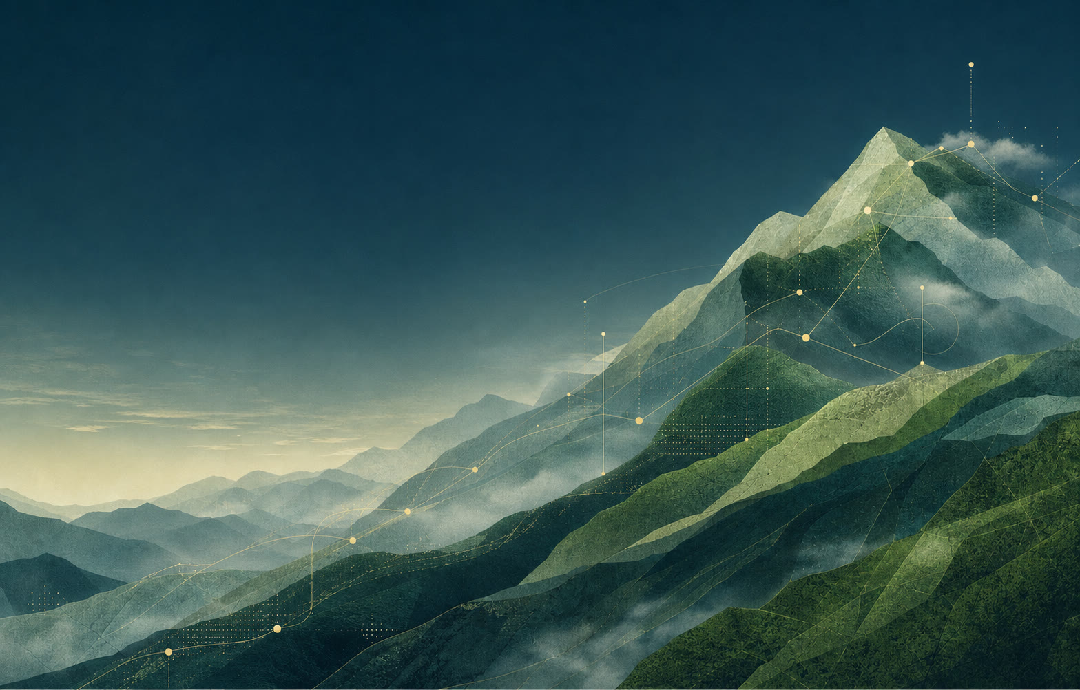 Abstract green Colombian Andean cordilleras woven with precise luminous pathways