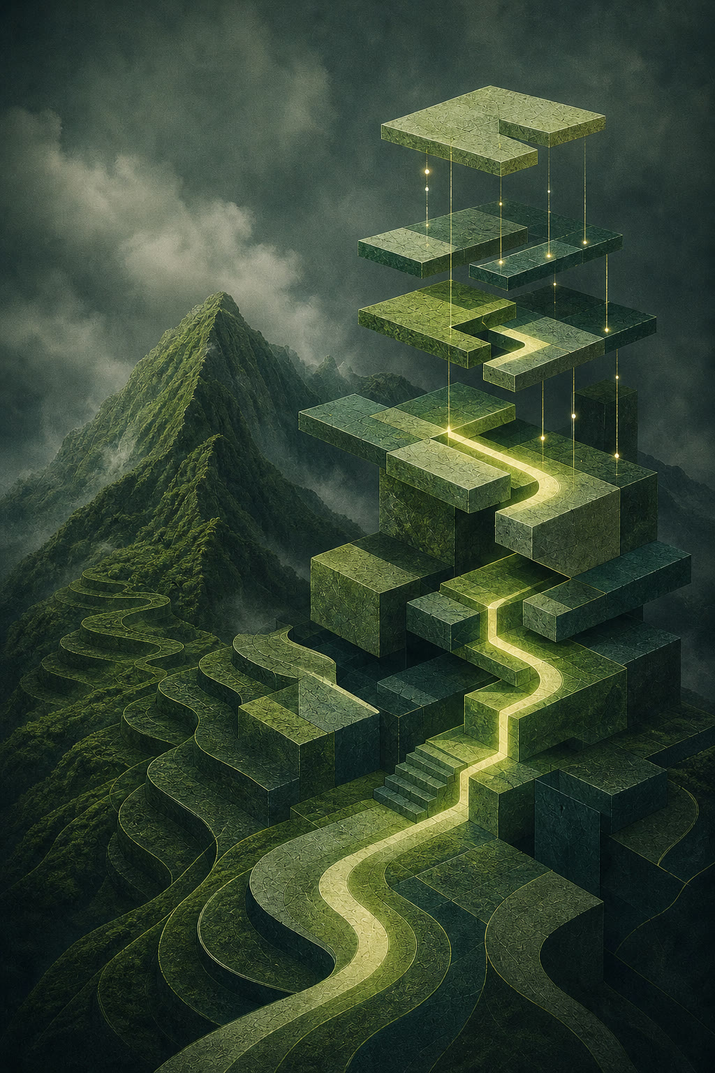 Abstract modular system rising through a misty green Colombian Andean landscape