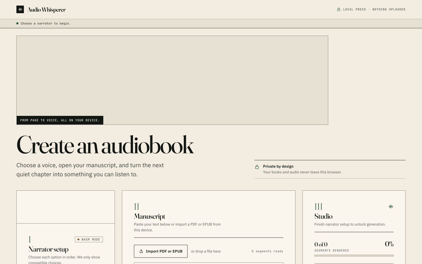 Audio Whisperer private browser-based audiobook creator