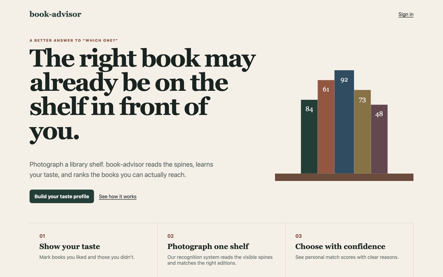 book-advisor landing page with ranked book spines and reading recommendations