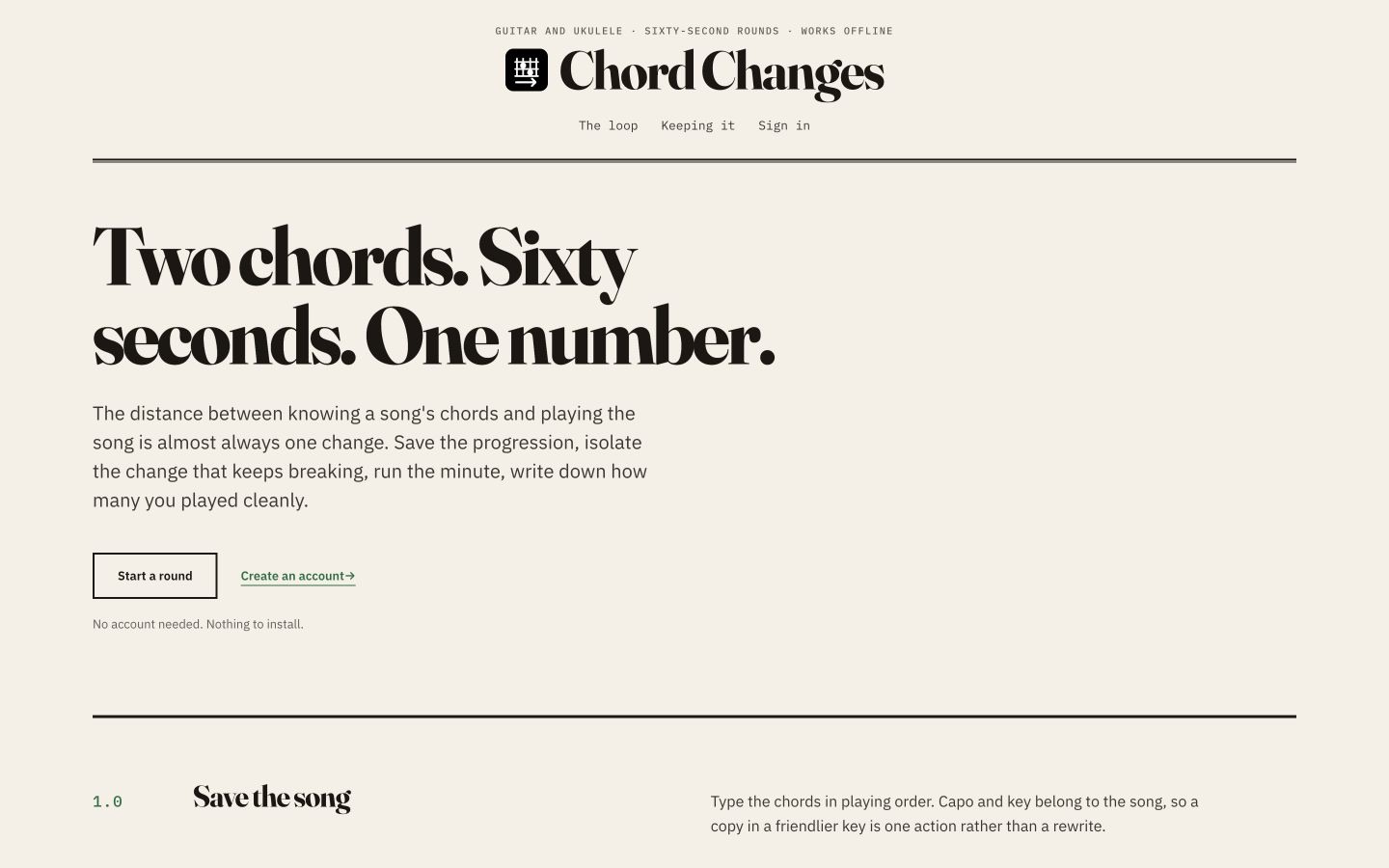 Chord Changes page showing a clean-changes practice result for a song