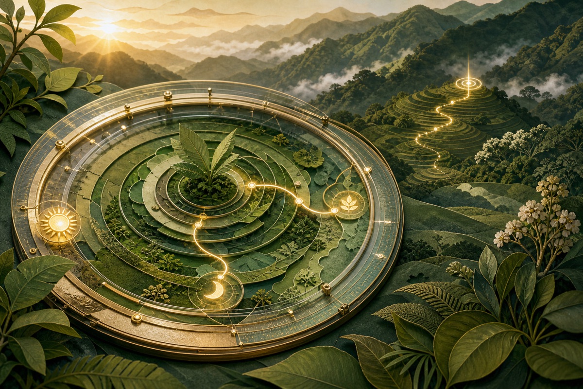 A living brass and glass planning instrument charts a luminous path across Andean terraces