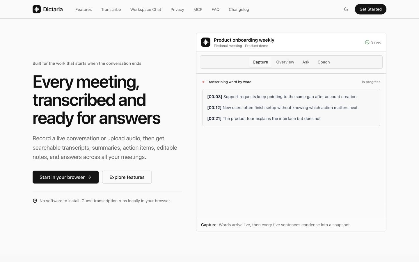 Dictaria meeting transcription workspace with a live transcript and meeting views