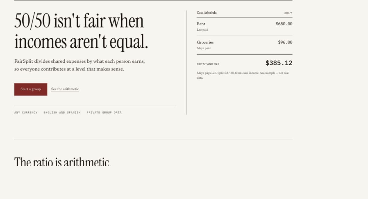 FairSplit page explaining income-based shared expense contributions