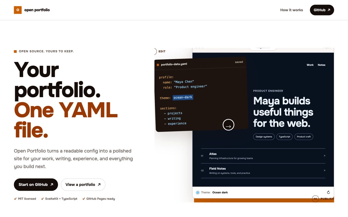 Open Portfolio page showing one YAML file rendered as a polished portfolio