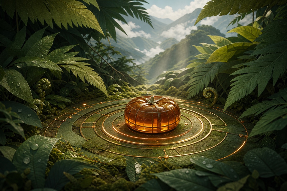An amber glass seed-pod focus timer rests among giant ferns and solar rings