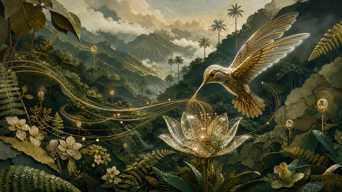 A brass hummingbird carries luminous voice signals through a Colombian cloud forest