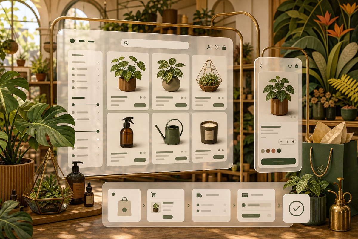 Interfaces responsivas de e-commerce botánico con descubrimiento de productos y checkout