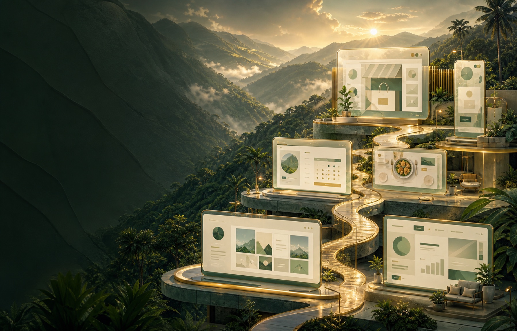 Familia de sitios web responsivos de vidrio conectados sobre terrazas verdes de los Andes colombianos