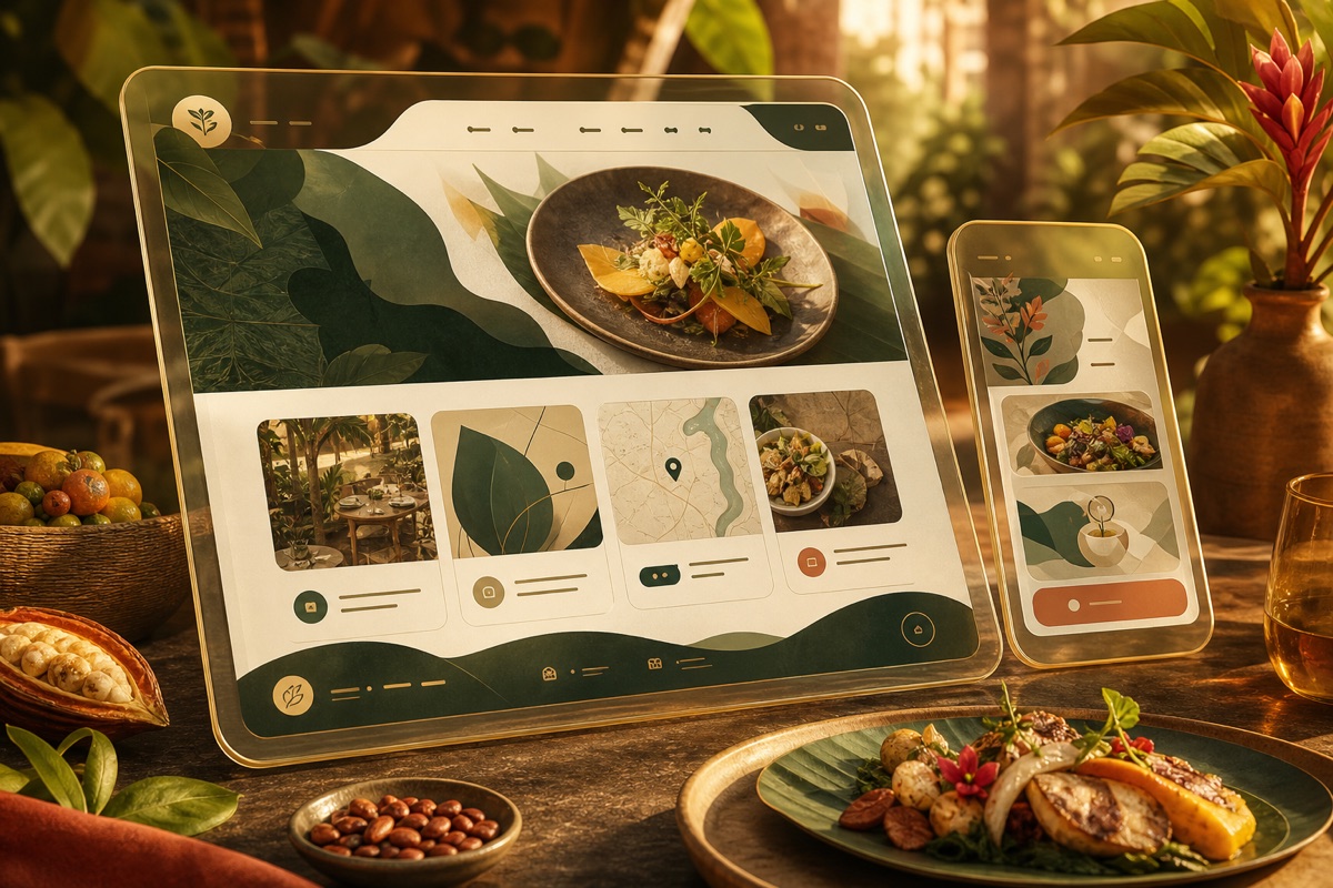 Sitio responsivo de restaurante junto a ingredientes colombianos y un plato servido