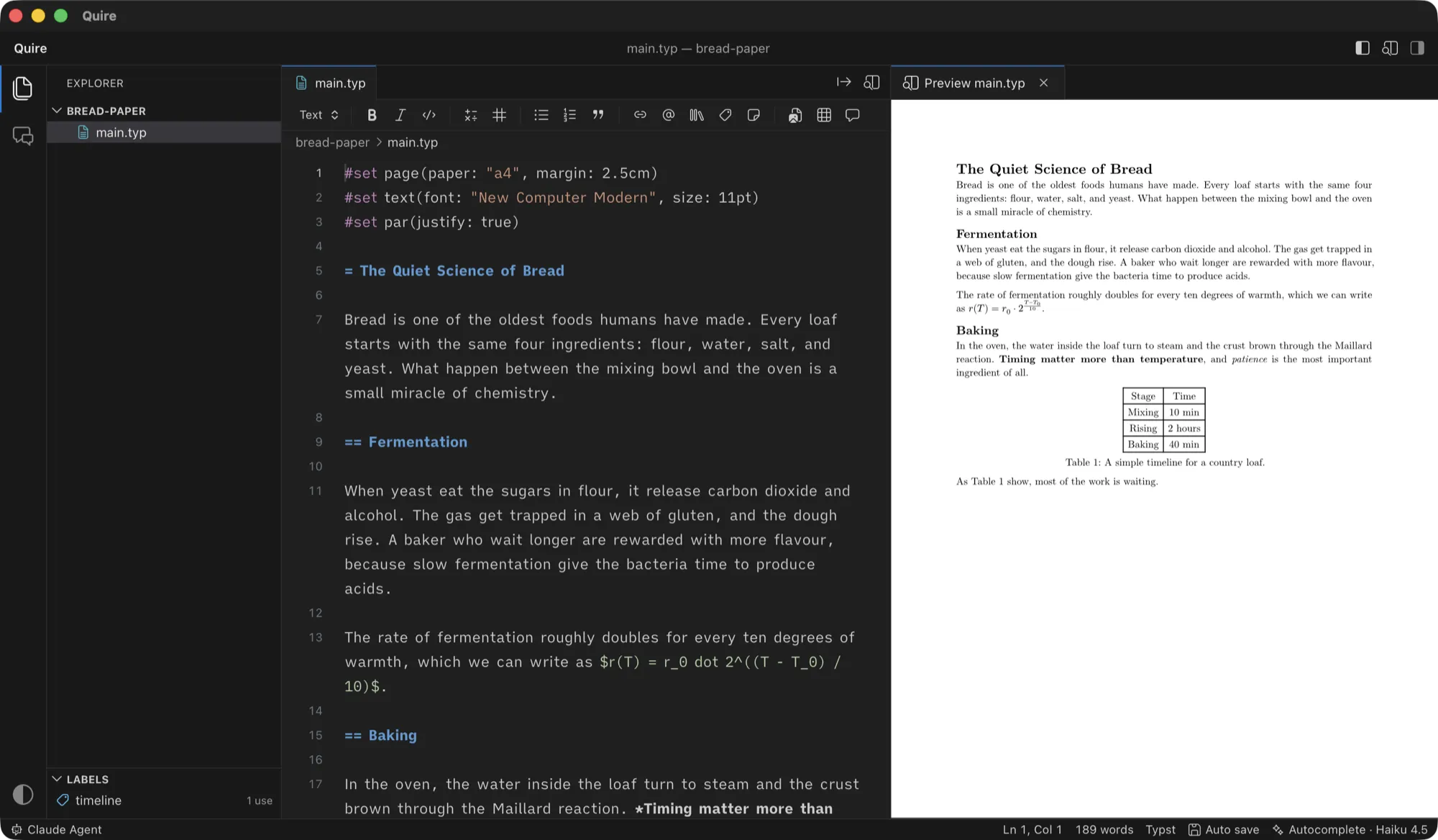 Quire in Dark Modern: the editor with the document, and its preview beside it.